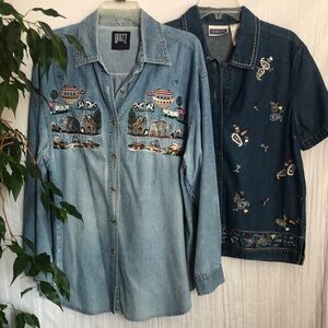 Vintage lot of 2 Size L denim jean embroidered Noah's Ark & floral button tops